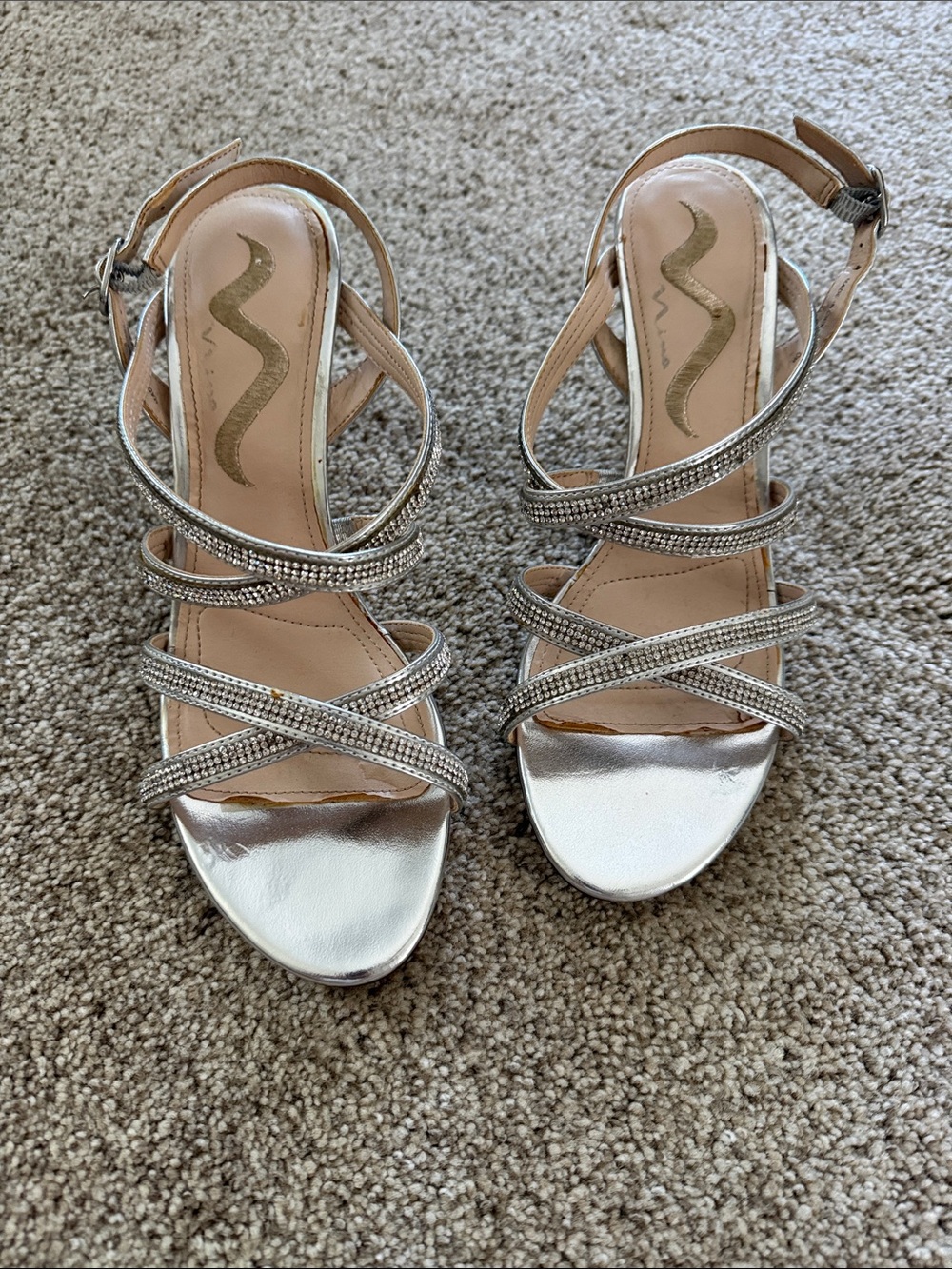 Nina Silver Metallic Strappy Rhinestone Heels